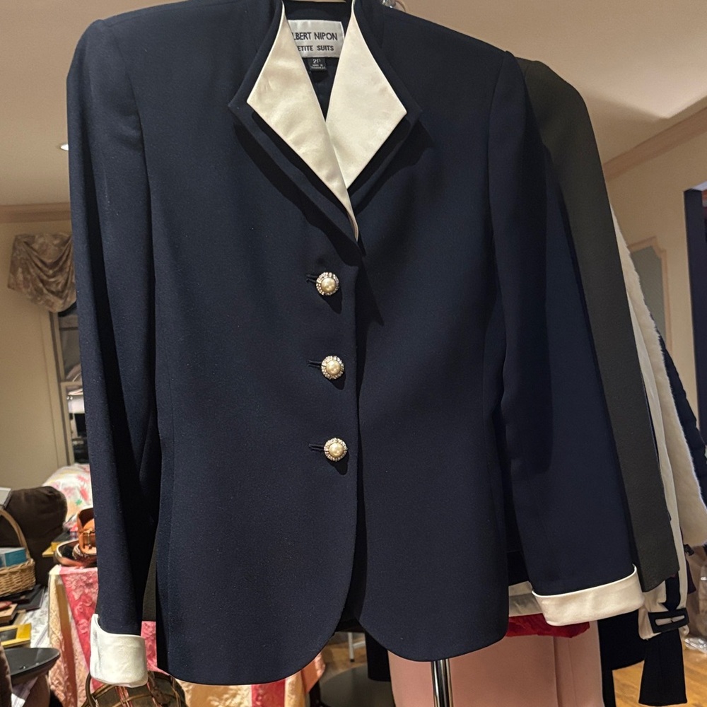 Albert Nipon Navy Blazer with White Trim